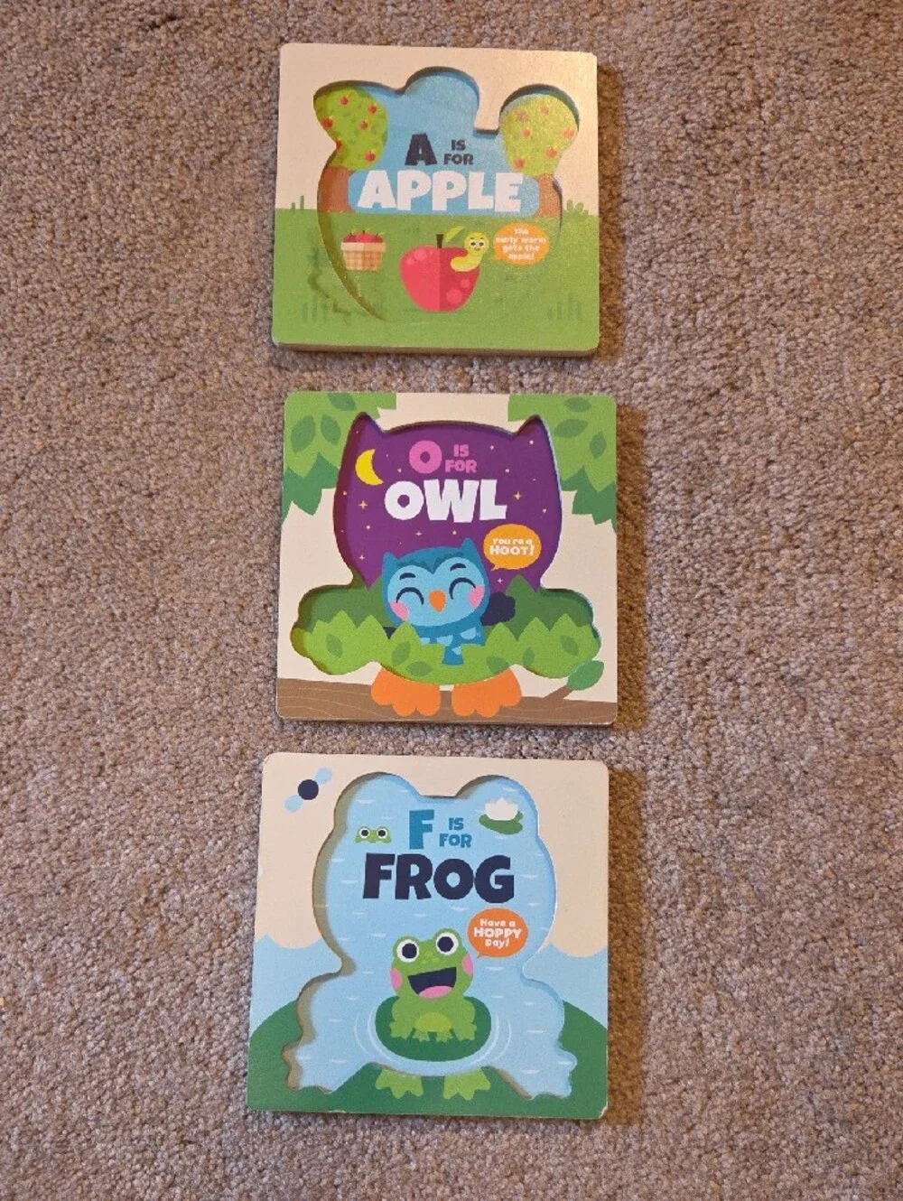 Wooden Trio Puzzle Set - Blue Owl, Green Frog & Red Apple